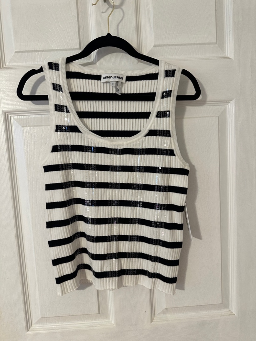 DKNY White and Black Striped Sequin Ribbed Tank